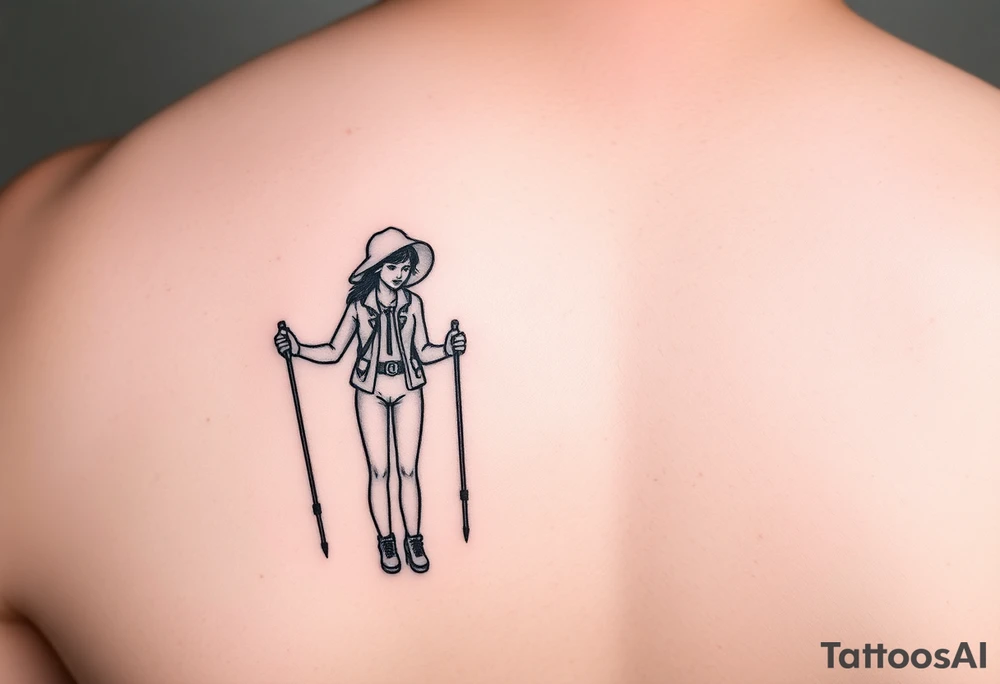 one line tattoo with a woman holding hiking poles and hiking tattoo idea