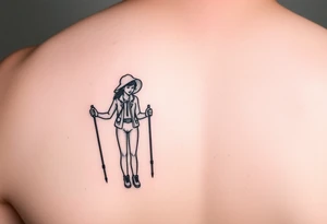 one line tattoo with a woman holding hiking poles and hiking tattoo idea