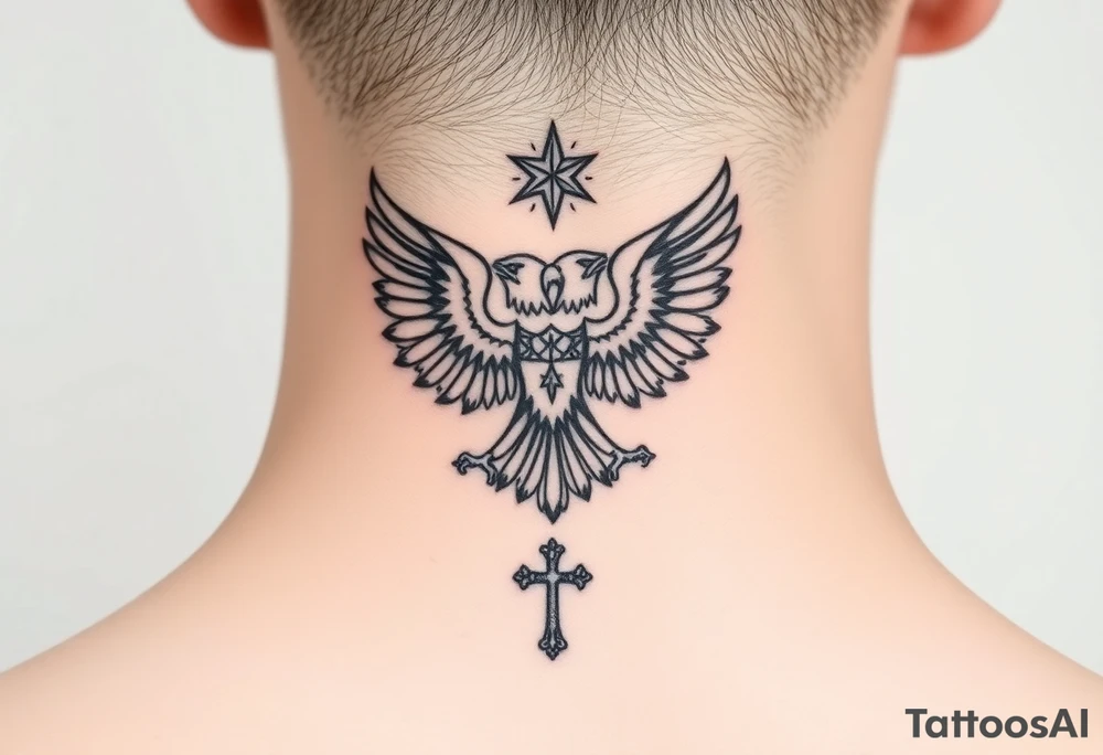 Double-headed eagle outline only (no shading) — suits neck skin which ages differently
Star above, small orthodox cross below tattoo idea