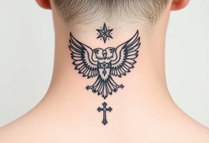 Double-headed eagle outline only (no shading) — suits neck skin which ages differently
Star above, small orthodox cross below tattoo idea