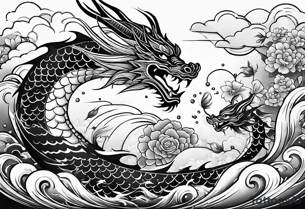 dragon and koi fish cute. face of dragon should not be fierce. should be surrounded by water or clouds tattoo idea