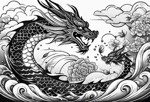 dragon and koi fish cute. face of dragon should not be fierce. should be surrounded by water or clouds tattoo idea