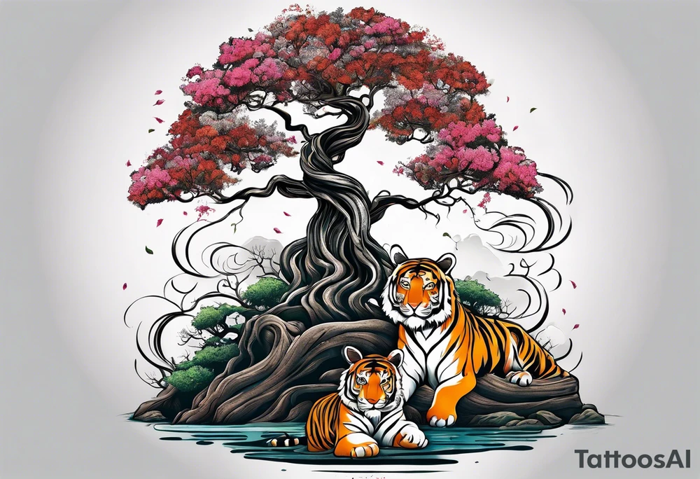 Tree of life with the roots going into a tigers stripes tattoo idea