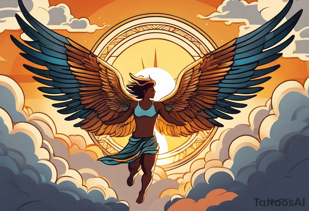 "Create a tattoo design of Icarus, depicted in a stylized manner with wide, intricate wings. Icarus is shown in an ascending flight position, expressing a mix of determination and joy on his face. The sun shines brightly in the background, symbolizing his ambition and desire to soar high. Some feathers from his wings are falling to represent the fragility of his dreams. The design incorporates dynamic clouds and abstract patterns to enhance the sense of movement and freedom, capturing both the beauty and tragedy of Icarus's myth." tattoo idea
