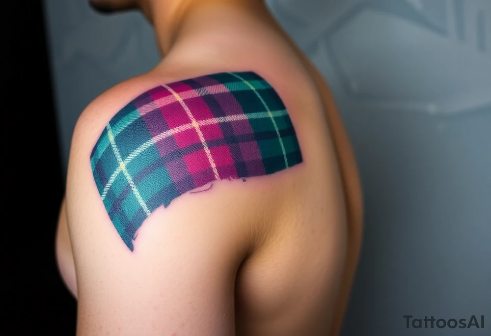 Side of arm Dark Purple with green pink blue and white highlights tartan fabric with skin peeling away at edges tattoo idea