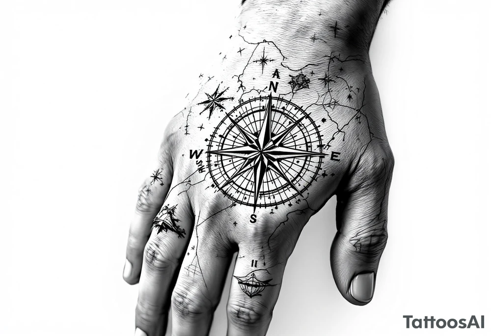 Compass on the back of the palm in the shape of Nigeria with longitude written on the top and latitude written on the bottom. Draw lines from a treasure map connecting from the arm to the tattoo tattoo idea