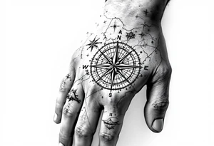 Compass on the back of the palm in the shape of Nigeria with longitude written on the top and latitude written on the bottom. Draw lines from a treasure map connecting from the arm to the tattoo tattoo idea