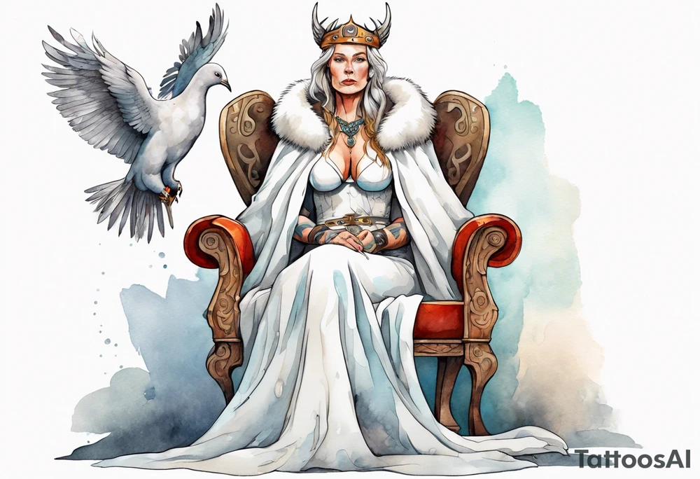a 45-year-old Viking queen wearing a white fur cloak sitting on a throne with a dove on her shoulder tattoo idea