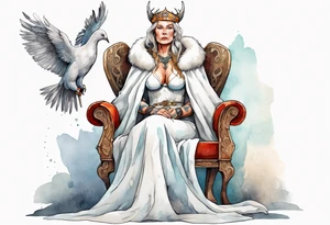 a 45-year-old Viking queen wearing a white fur cloak sitting on a throne with a dove on her shoulder tattoo idea