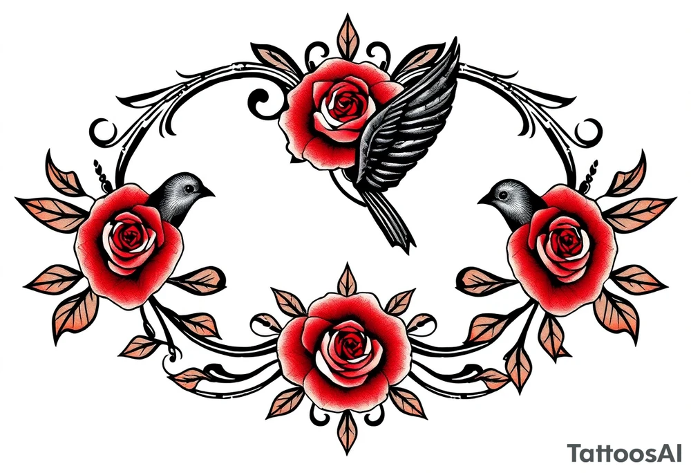 Vintage lace, red roses, red birds, vintage, wrap around, tighter together, no space open tattoo idea