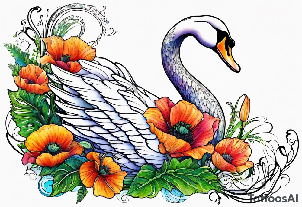 Colorful swan tattoo with poppies, Lily of the basket, sweet pea, fern leaf tattoo idea