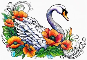 Colorful swan tattoo with poppies, Lily of the basket, sweet pea, fern leaf tattoo idea