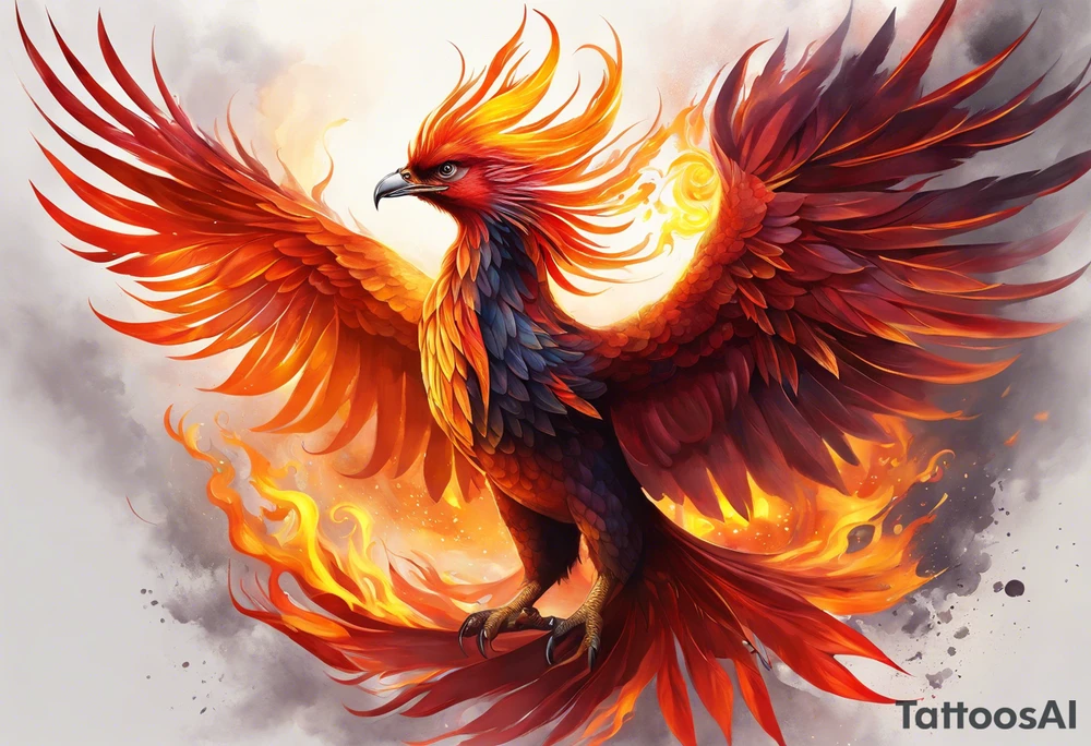 beautiful phenix, rising from fire and ash, signaling rebirth, renewal, beautiful, intricate, orange, red, deep red, bright orange, light yellow,. dark yellow, ethereal, foggy, cloudy, heaven like tattoo idea