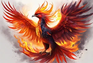 beautiful phenix, rising from fire and ash, signaling rebirth, renewal, beautiful, intricate, orange, red, deep red, bright orange, light yellow,. dark yellow, ethereal, foggy, cloudy, heaven like tattoo idea