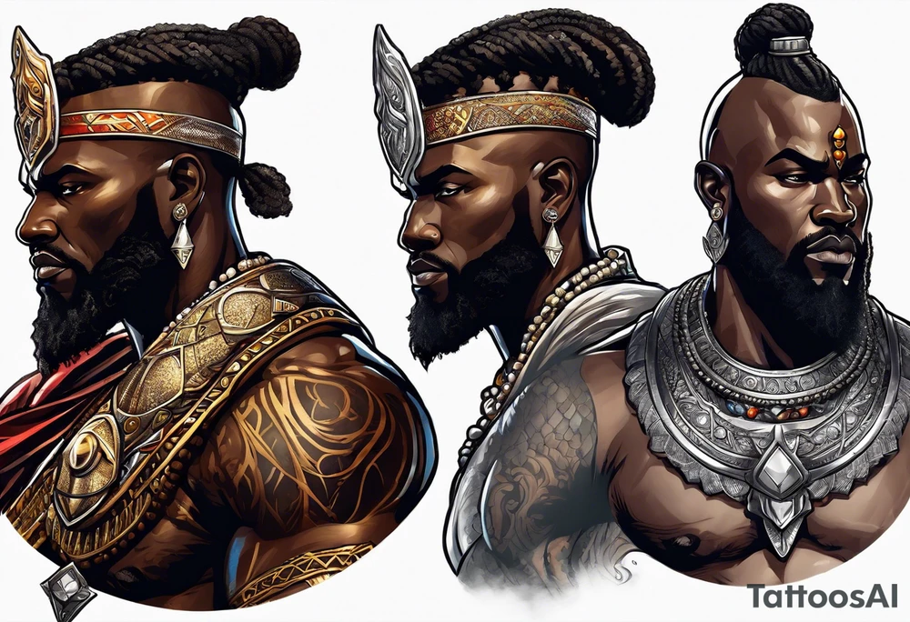 Black-skinned african god of war with a small silver crown tattoo idea