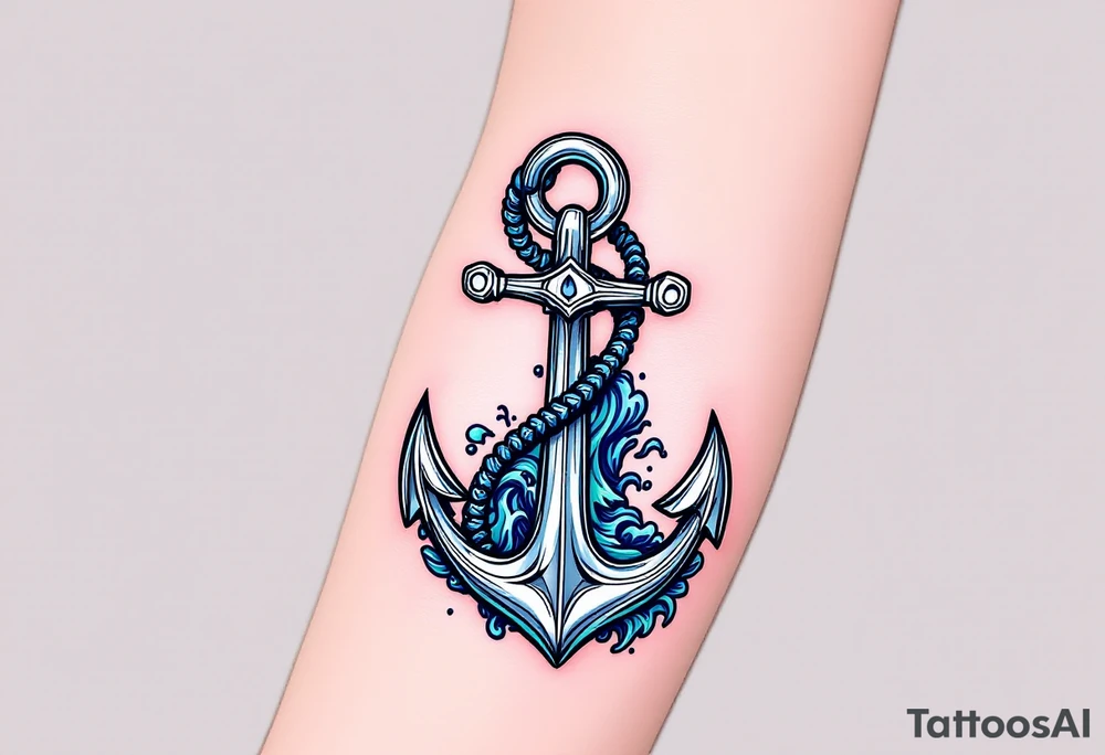 Oceanic Hook – A hook designed as a silver anchor, connected to flowing blue and green waves, representing a connection with the ocean's power. tattoo idea