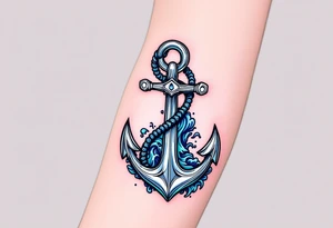 Oceanic Hook – A hook designed as a silver anchor, connected to flowing blue and green waves, representing a connection with the ocean's power. tattoo idea