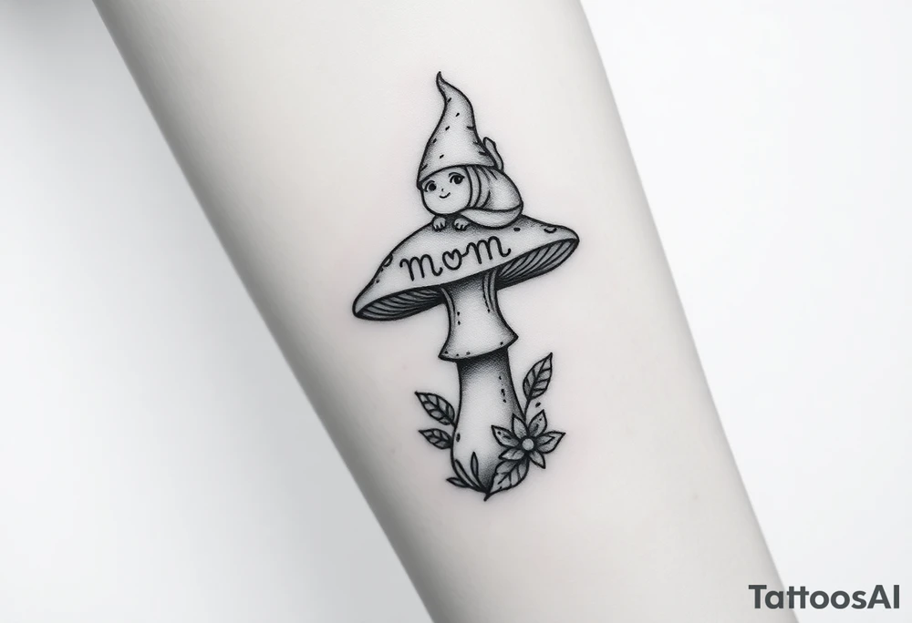 Mushroom with word mom on it with gnome sitting on top tattoo idea