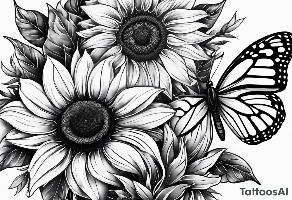 Sunflower and butterfly leg sleeve tattoo idea