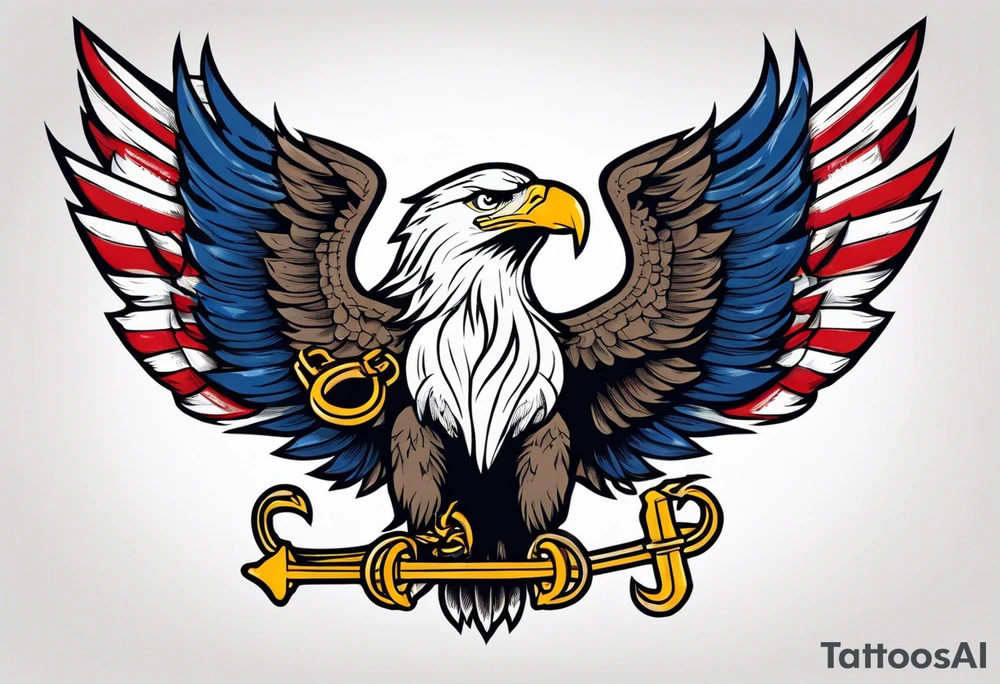 American eagle holding American flag in beak while holding anchor in talons tattoo idea