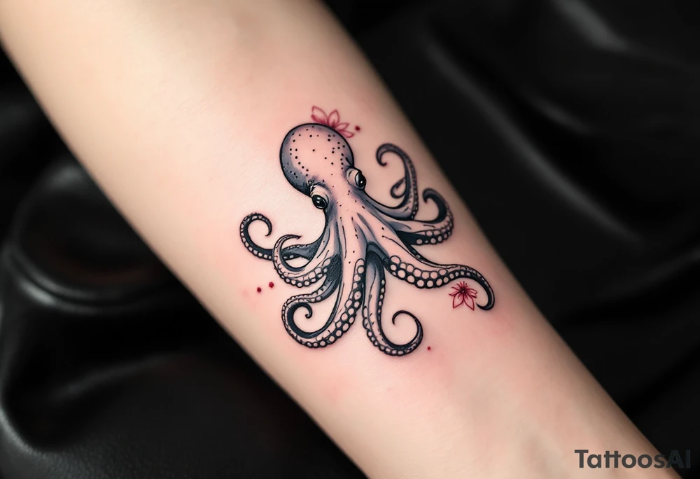 A small realistic black and grey tattoo of an octopus, cute, with detailed shading and soft linework, showing the octopus with swirling tentacles, on light skin. ornamental flowers around with red ink. The style is minimalistic and elegant, resembling fine-line tattoo with a shadow tattoo idea
