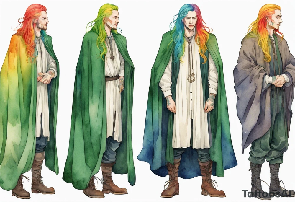 A tall, beautiful Swedish man with long rainbow hair. Green tinted skin. Wearing a medieval cloak and boots. tattoo idea