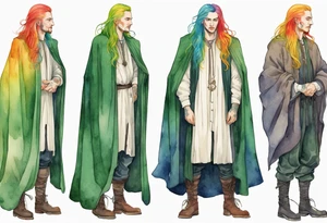 A tall, beautiful Swedish man with long rainbow hair. Green tinted skin. Wearing a medieval cloak and boots. tattoo idea