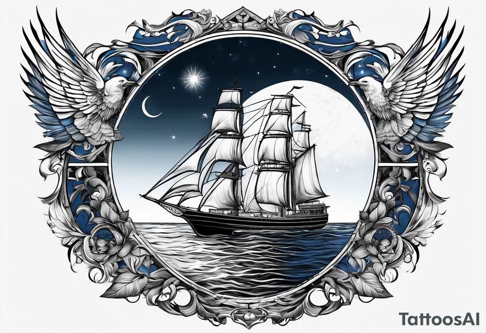 bateau, phare maritime, phoenix et lune bleu. tattoo idea bateau, phare maritime, phoenix et lune bleu. tattoo idea