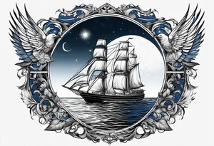bateau, phare maritime, phoenix et lune bleu. tattoo idea