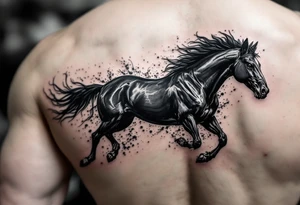 A wild black horse running across the ribs, capturing untamed and fierce freedom. tattoo idea