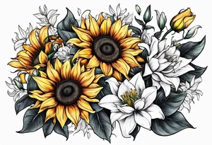 sunflower and lily and rose boquet tattoo idea