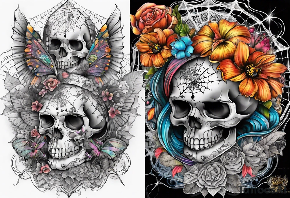 Full sleeve with fairy’s and skulls and spiderwebs tattoo idea