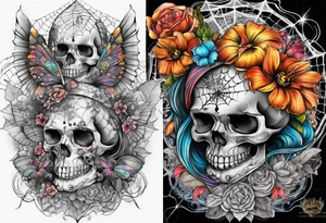 Full sleeve with fairy’s and skulls and spiderwebs tattoo idea