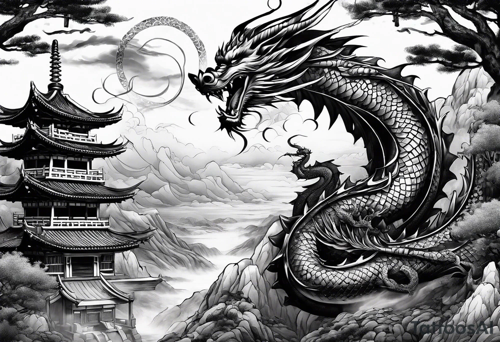 Tatto the Dragón and samurai in zen circule, tori gate tattoo idea