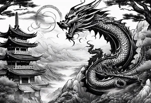 Tatto the Dragón and samurai in zen circule, tori gate tattoo idea