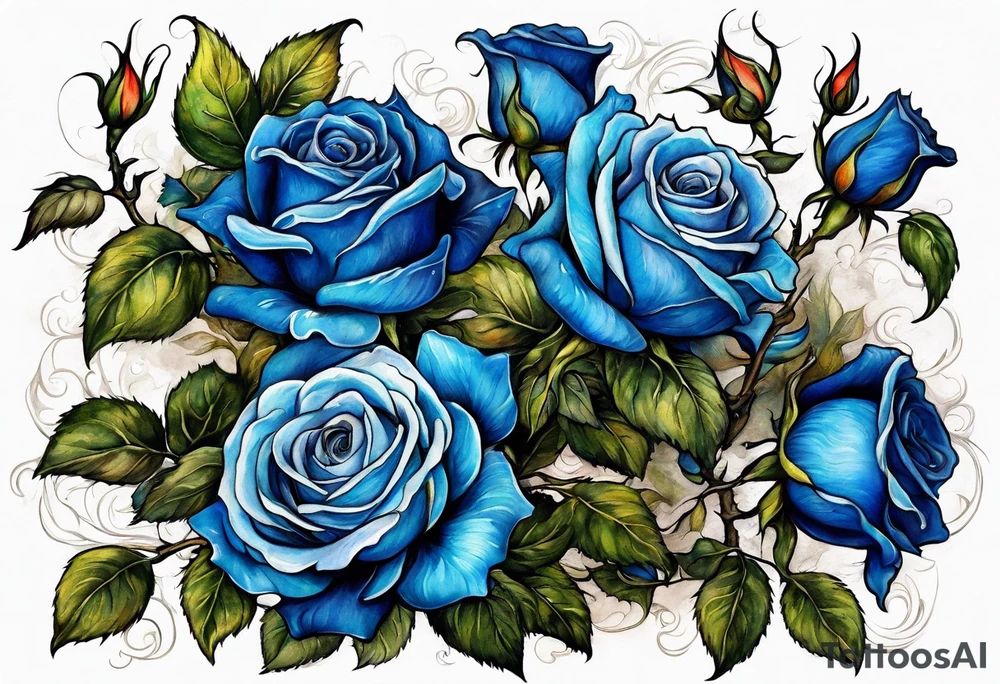 bouque of blue roses and dragons tattoo idea