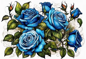 bouque of blue roses and dragons tattoo idea