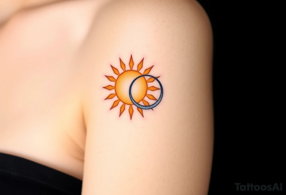 A glowing sun and a tiny crescent moon intertwined, in soft golden and silver tones, symbolizing the balance of parent and child tattoo idea