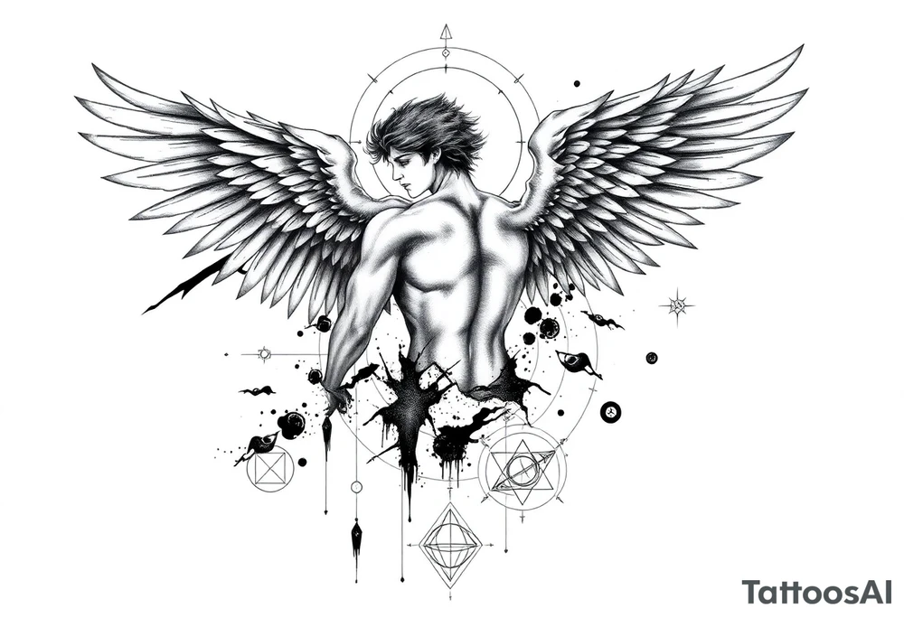 Highly detailed black and white tattoo design for forearm placement, allowing future extension into a full sleeve. Depict a dramatic surreal composition with a muscular male or androgynous angel in dynamic motion, large detailed wings partly torn or dissolving into abstract ink splashes, mixed with one demonic wing, surrounded by fine sacred geometry lines and circles, mythological and symbolic elements inspired by Icarus and Prometheus. Integrate fragmented body parts effect, thin minimal linework mixed with fine sketch shading, surreal horror accents like abstract dripping eyes, occult and alchemical symbols, black ink smoke, and thin composition lines connecting elements. High contrast, clean outlines, artistic etching style blended with minimal modern tattoo aesthetics, no background. tattoo idea