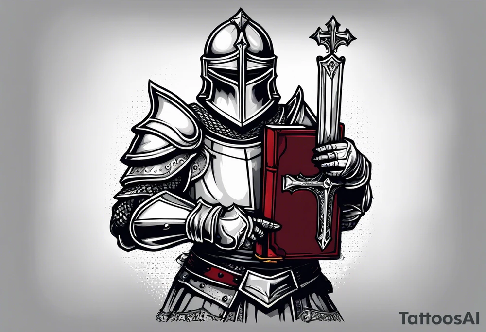 knight holding a bible over his head in combat with both hands tattoo idea