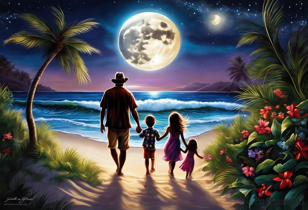 Create a stunning image of a realistic tattoo design that features a husband and wife holding hands, accompanied by their two children, walking along a beautiful beach. The moon shines radiantly in the night sky, illuminating the serene scene. Let your creativity flourish as you envision the intricate details that bring this tattoo to life, encapsulating the essence of love, family, and the awe-inspiring beauty of nature. tattoo idea