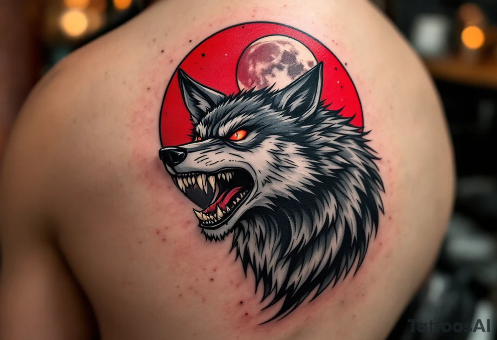 Snarling wolf under a lunar eclipse, with half-red, half-shadowed moon in the sky, done in bold black, gray, and red ink. tattoo idea
