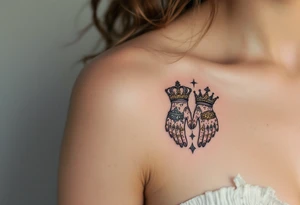 Minimalist black king and queen crowns with gold and silver accents on the outer hands celebrate your royal bond. tattoo idea