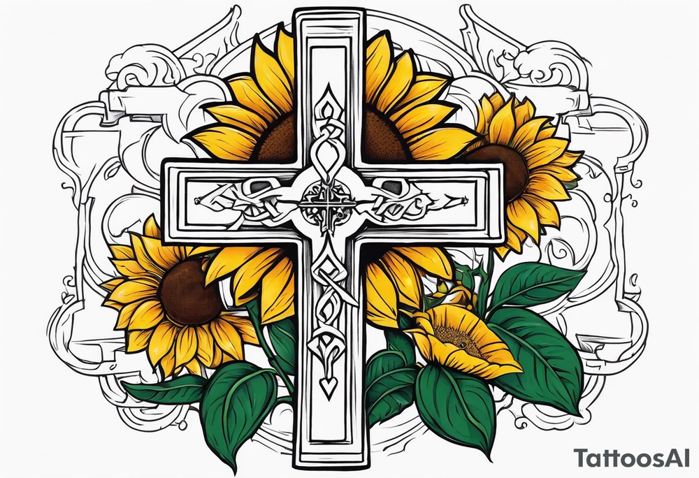 A central cross with the names Kyle Peter Lori on it with lighting a motorcycle and a sunflower around it tattoo idea