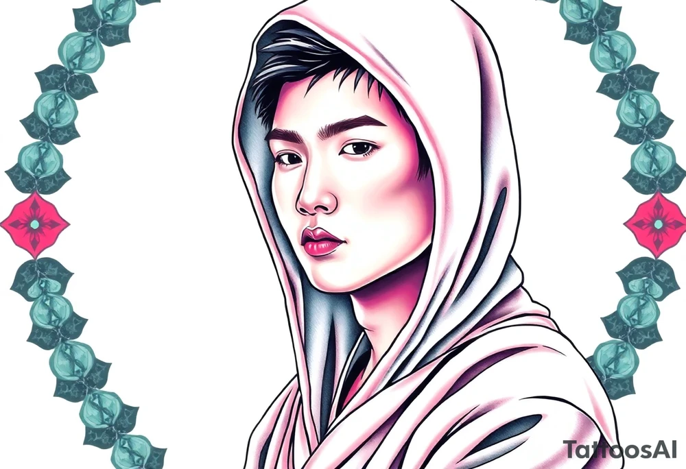 Handsome Asian young guy wearing robe with hood tattoo idea