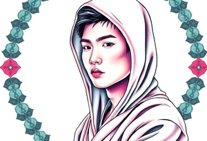 Handsome Asian young guy wearing robe with hood tattoo idea