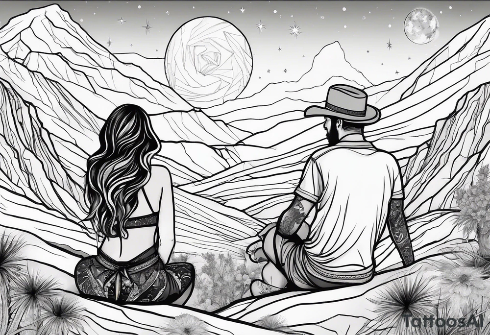 Outline of woman and man sitting in Arizona desert looking at the galaxy tattoo idea