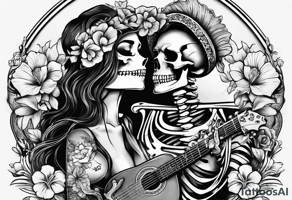 a female and male skeleton in love. The female has hibisucs flowers and the male is playing the guitar tattoo idea