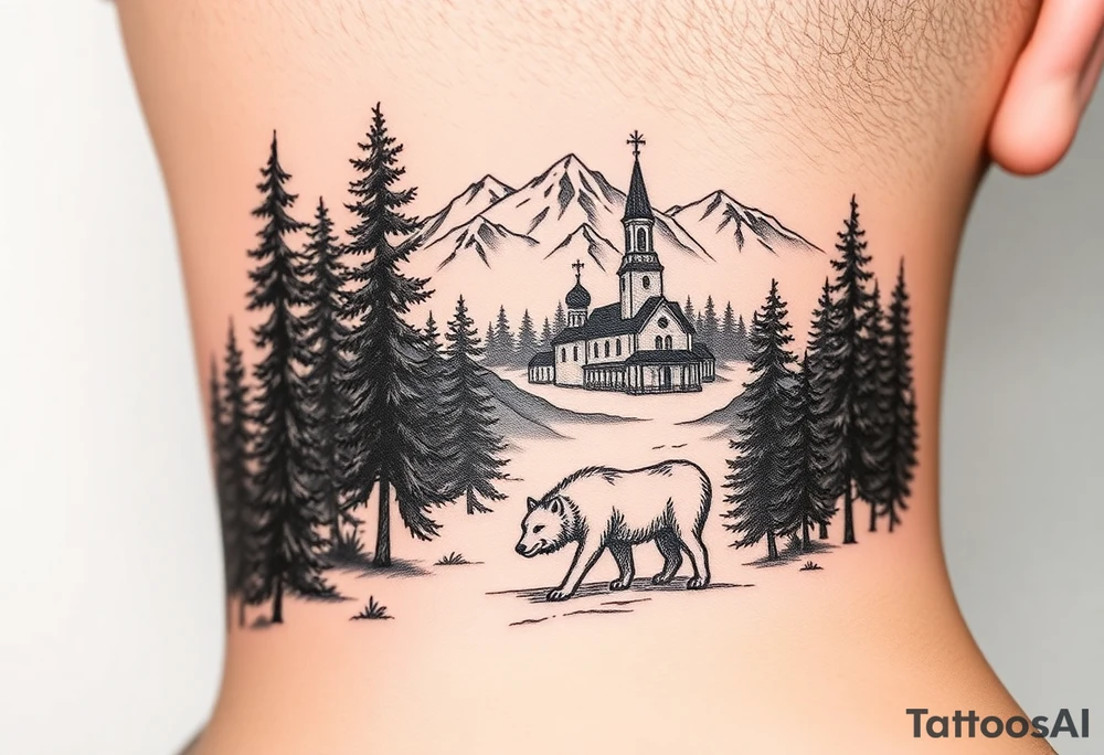 Nature/Landscape

Wolves in a pine forest (extending the tree line you already have)
A Russian bear emerging from the treeline
Snow-capped mountains behind the church scene tattoo idea