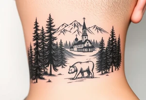 Nature/Landscape

Wolves in a pine forest (extending the tree line you already have)
A Russian bear emerging from the treeline
Snow-capped mountains behind the church scene tattoo idea